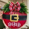 1pc Festive Christmas Wooden Door Sign with Red  Checkered Pattern - Artificial Greenery and Ribbon Accents-  Christmas