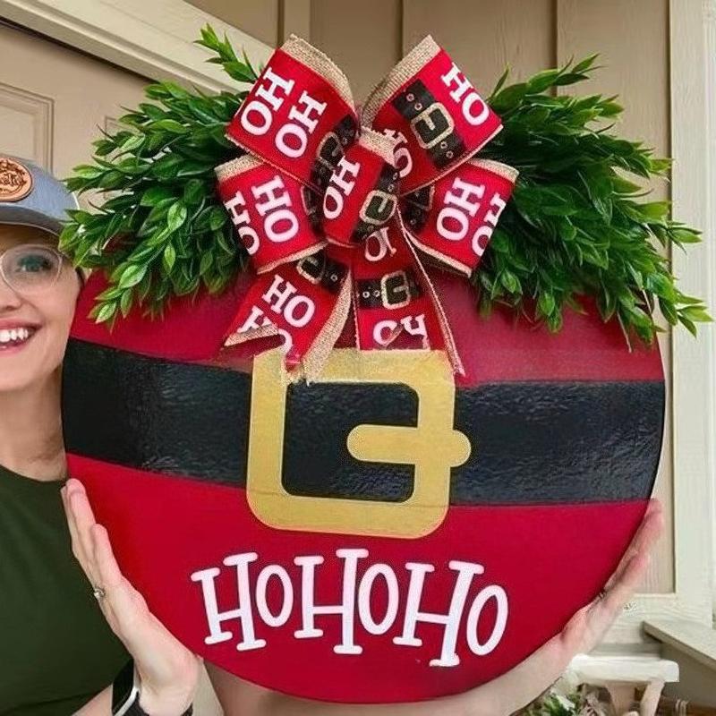 1pc Festive Christmas Wooden Door Sign with Red Checkered Pattern - Artificial Greenery and Ribbon Accents- Christmas