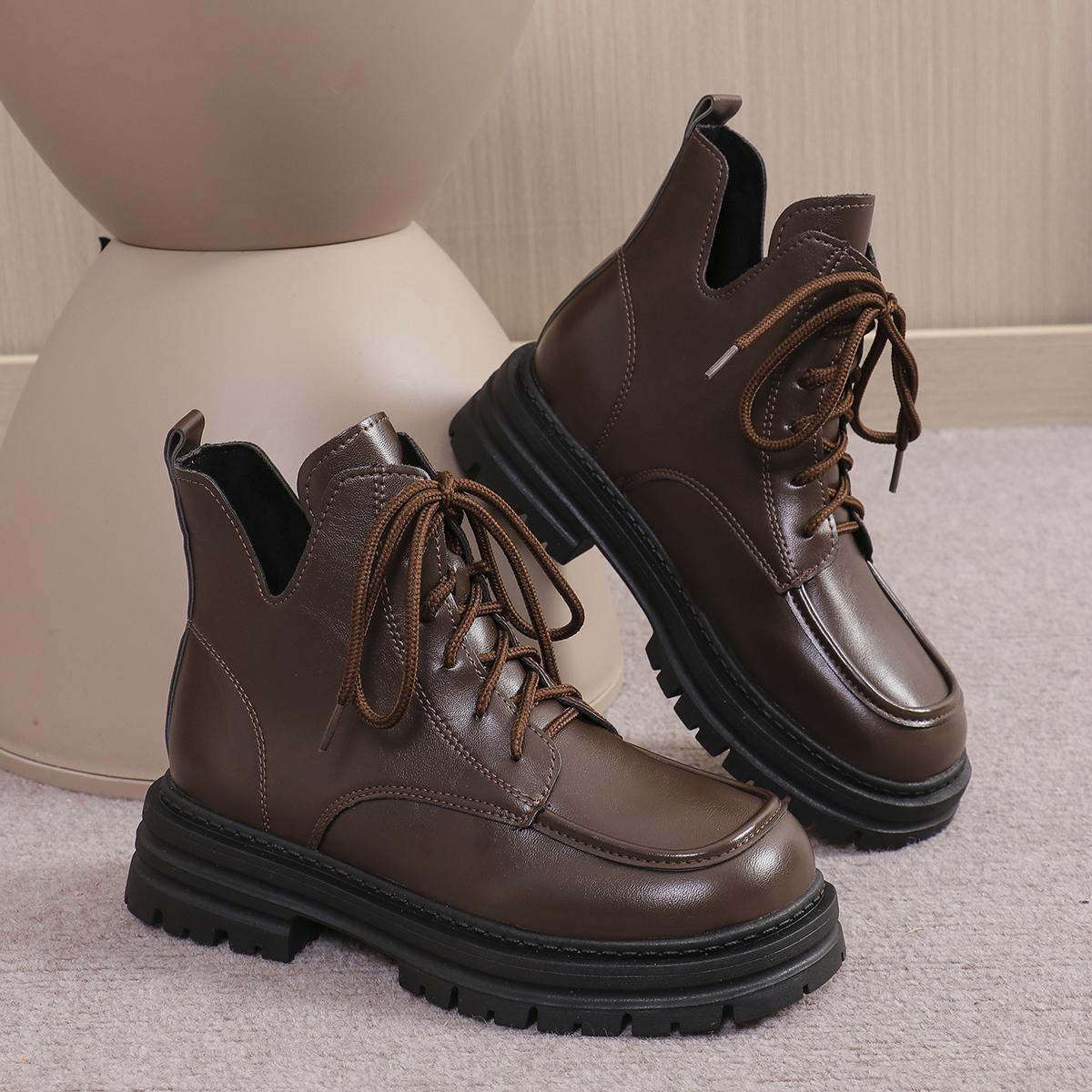 

мода 2024 зимние новые женские сапоги на толстой подошве со шнуровкой модные круглые модные сапоги 42 коричневый