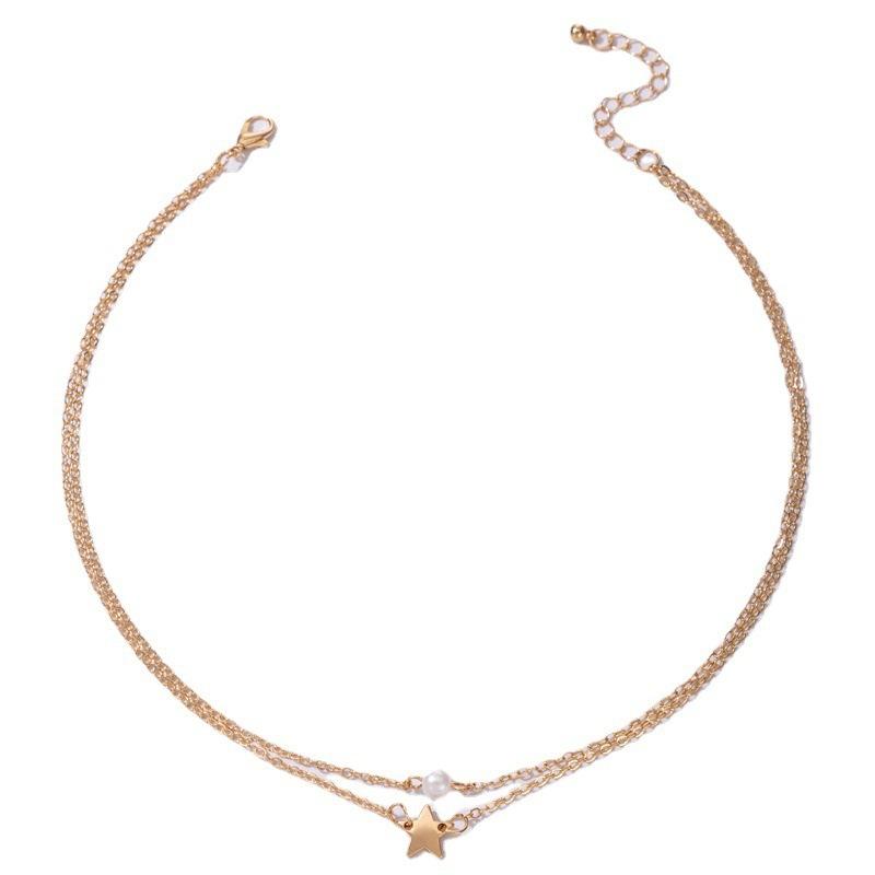 Korean version of fashion pearl five-pointed star necklace femininity Japanese and Korean star collarbone chain design sense new necklace