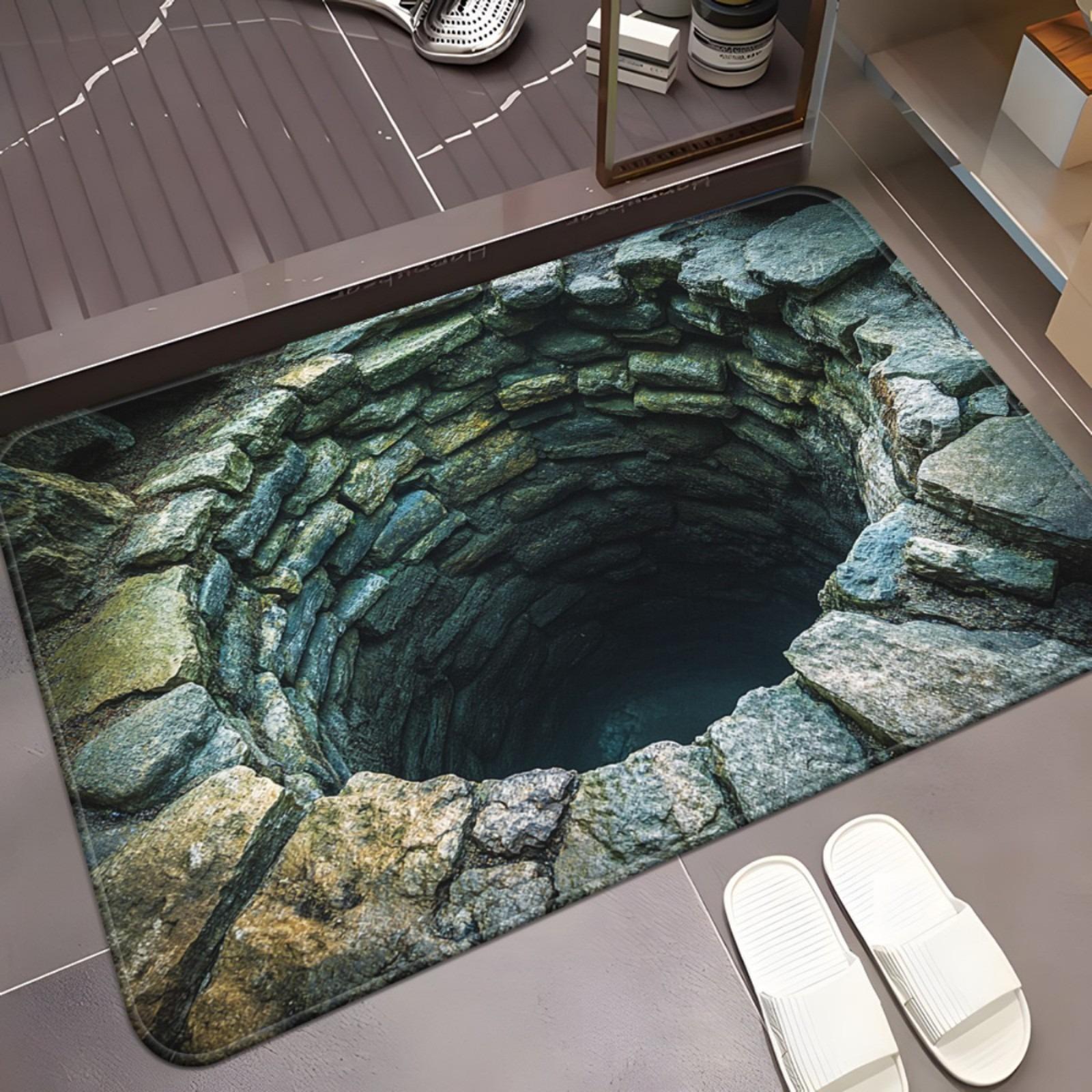 

3D Illusion Endless Pit Rug with Red Brick Edge Non-Slip Floor Mat for Unique Living Room Decor Optical Art Carpet Kitchen Rug 40X60cm