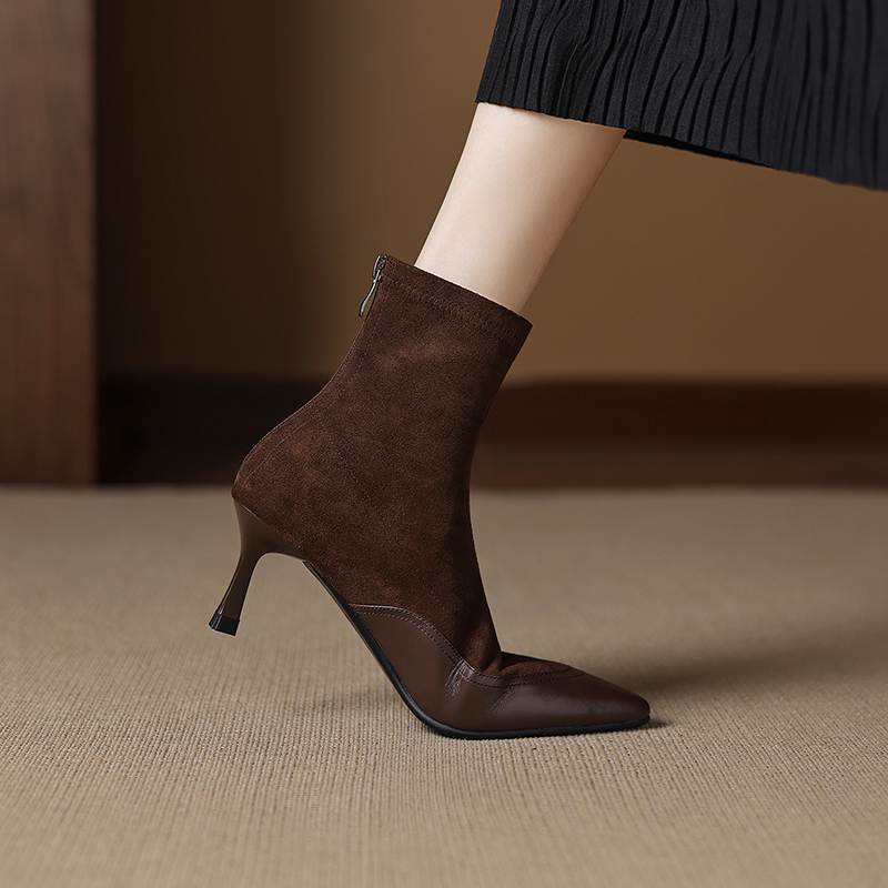 Krazing Pot Flock Pointed Toe Thin High Heels Modern Boots Size 42 Zip Patch Work Women Elastic Ankle Boots