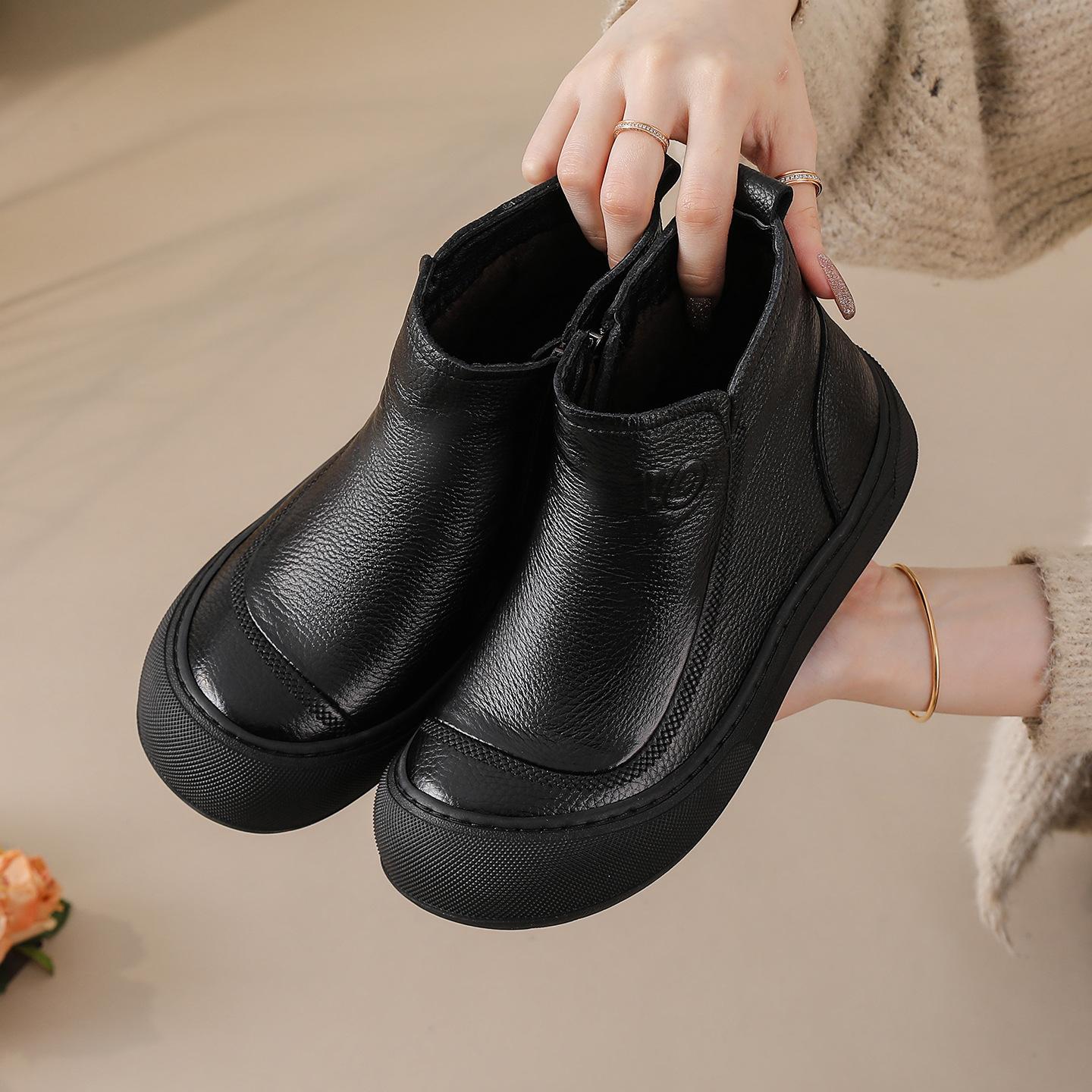 

Women s large size soft sole winter warm non-slip cowhide leather snow boots padded lined ankle boots waterproof outdoor sports cotton boots 35 чорний