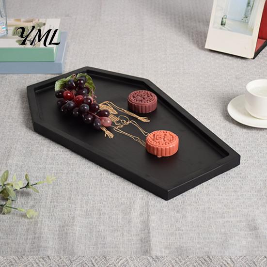 Unique Shape Dessert Plate Halloween Gothic Serving Tray with Engraved Skeleton, Wooden Charcuterie Board, Casket Skull Print Jewelry Display Storage