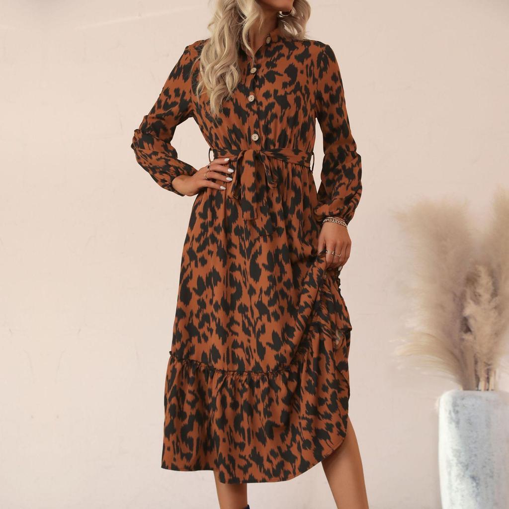 Women's Dress Allover Print Button Front Belted Dress Dress