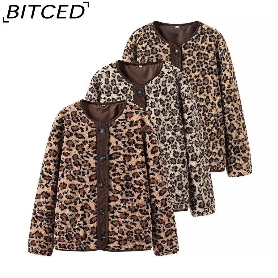 BITCED Women's Autumn Button-Front Fashion Leopard Print Oversized Shearling Coat