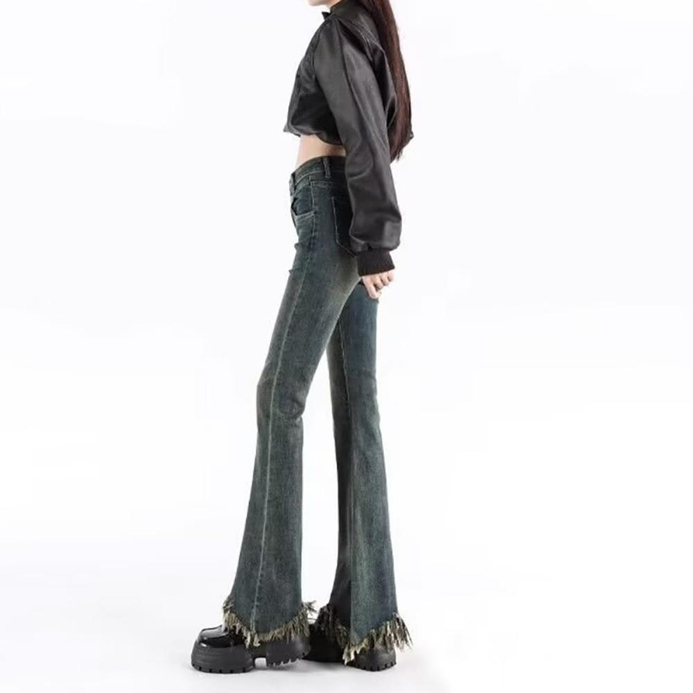 Neutral Burrs Slightly Pulled Jeans Women's Thin High Waist Spring and Autumn New Design Micro-flared Jeans