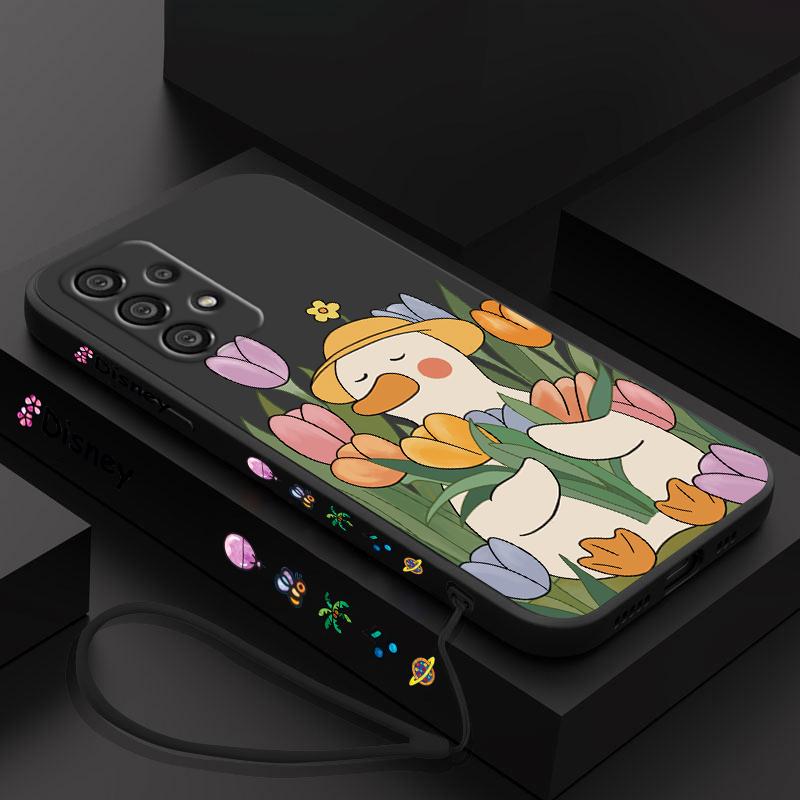 Duck With Sunglasses Cute Cartoon Phone Case For Samsung A73 A53 A33 A52 A32 A71 A51 A21S A50 A30 5G Liquid Left Rope Soft Cover