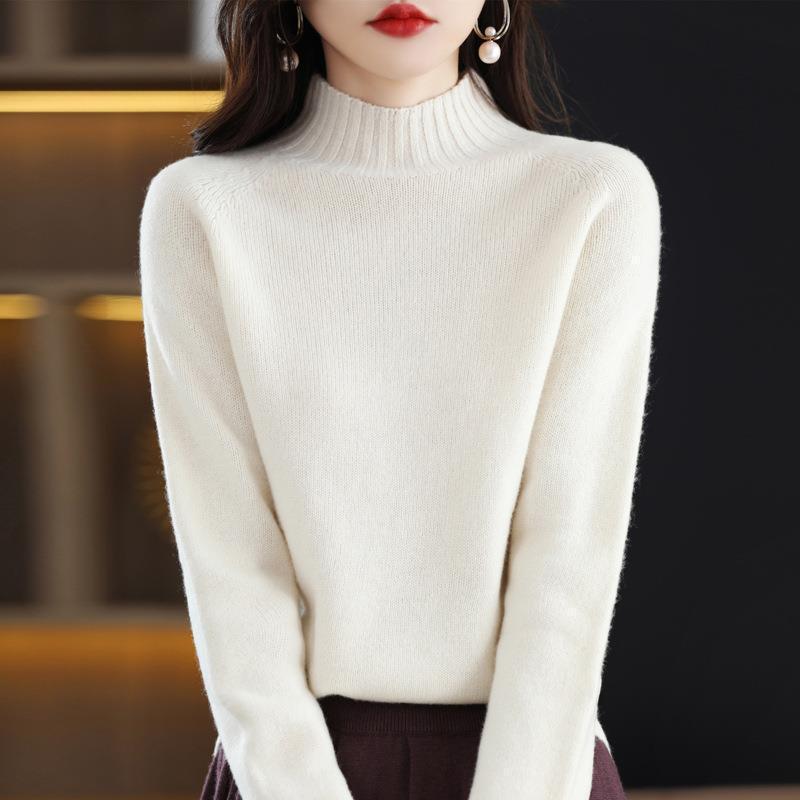 Women's Pure Wool Thickened Sweater - Autumn/Winter New Style, Loose Half-High Neck Pullover Knit Base Layer