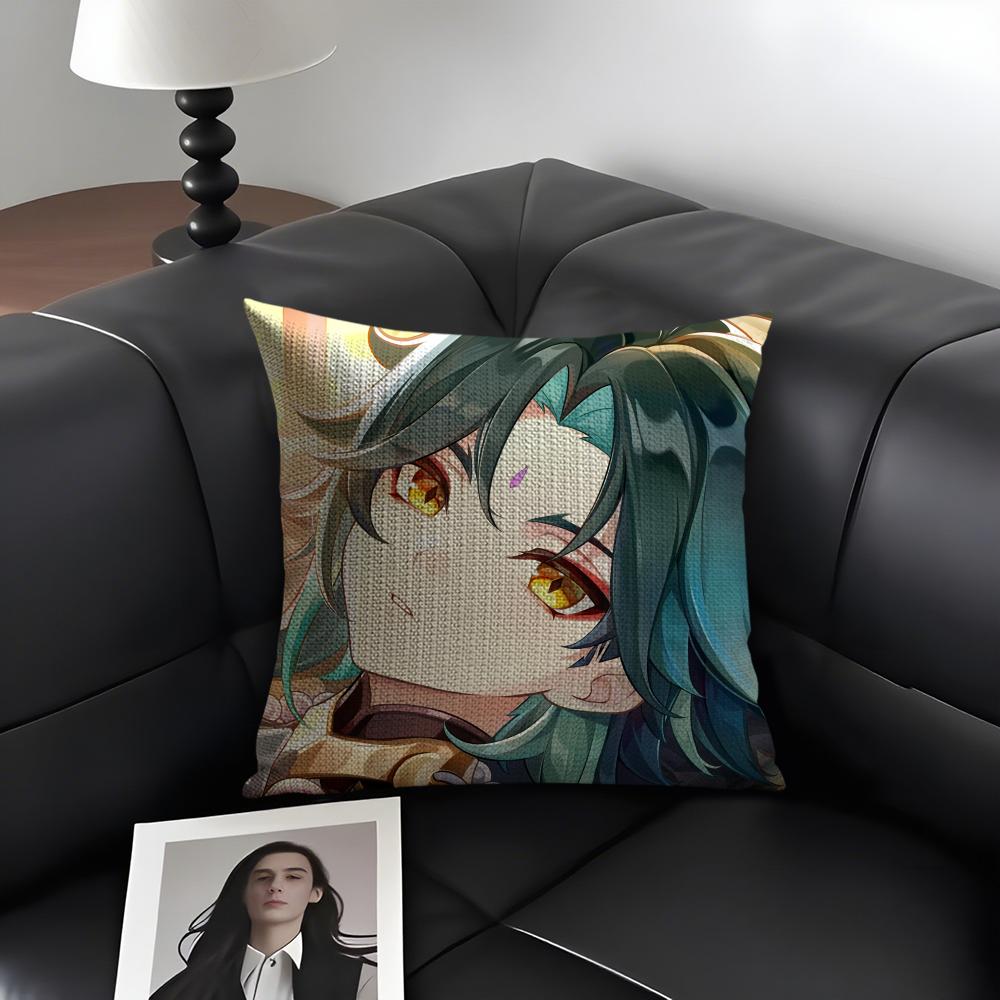 Xiao Genshin Impact Cute Cushion Cover Natural Linen Organic Fabric Double-Sided Printing Sofa Home Decor Gift Pillow Case