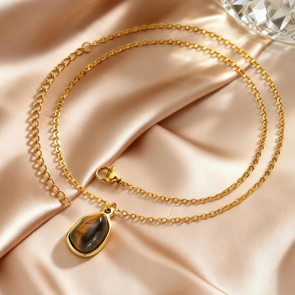 Collier Pierre Naturelle Œil de Tigre pour Femmes Acier Inoxydable Plaqué Or Collier avec Pendentif Pierre Géométrique Bijoux Esthétiques Cadeau