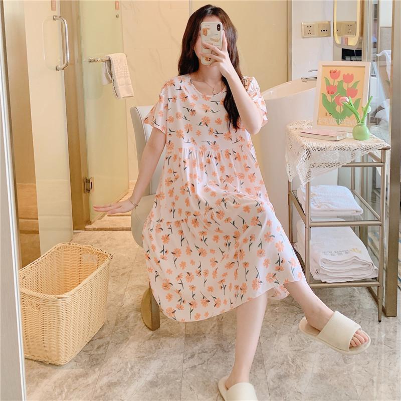 Cotton and silk nightgown women's spring and autumn casual short-sleeved large-size printed pajamas summer thin high-end cotton loungewear