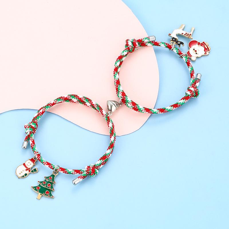Santa Claus Magnet Heart Couple Bracelets - Drip Oil Alloy Christmas Pair