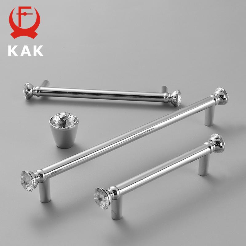 KAK Bright Chrome Furniture Handles Crystal Kitchen Cabinet Handle Zinc Alloy Wardrobe Door Pulls Solid Decorative Door Hardware