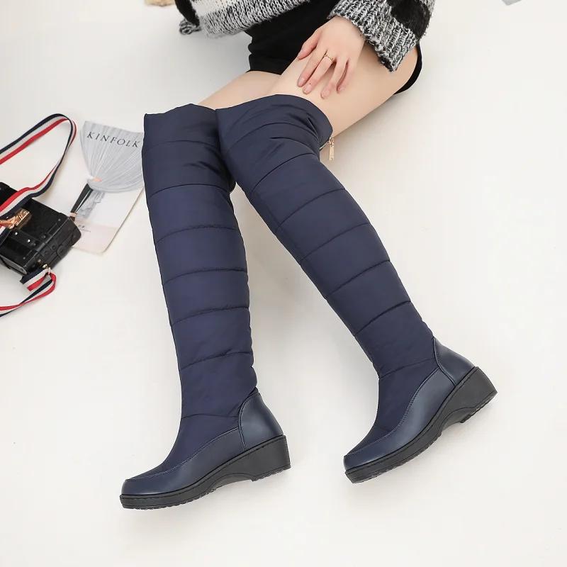 

Зимние женские ботфорты выше колена 2024 Женские водонепроницаемые сапоги из ПУ в стиле пэчворк из пуховой ткани, с толстой хлопковой подкладкой, теплые, с плюшевой подкладкой 39 синий