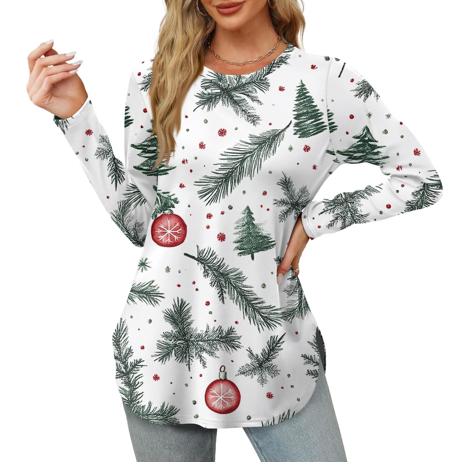 

Женские рубашки с длинным рукавом и круглым вырезом, боковые разрезы, свободные повседневные рубашки с рождественским принтом XL белый