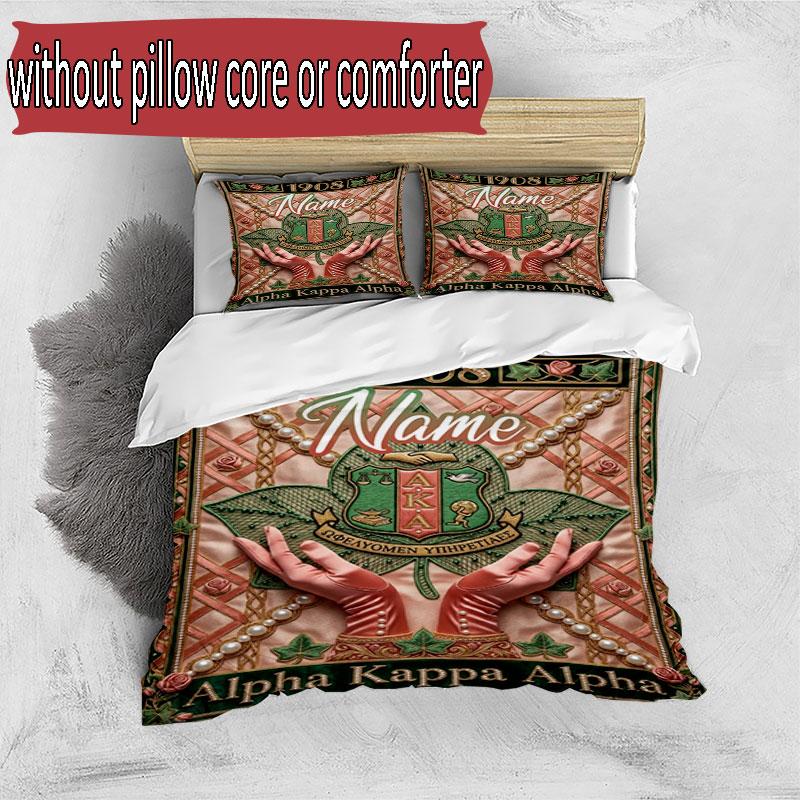 3pcs Duvet Cover Set (1*Duvet Cover + 2*Pillowcase, Without Core), Custom Name Alpha Kappa Alpha Pattern Bedding Set, Home Bedroom Decor Gift