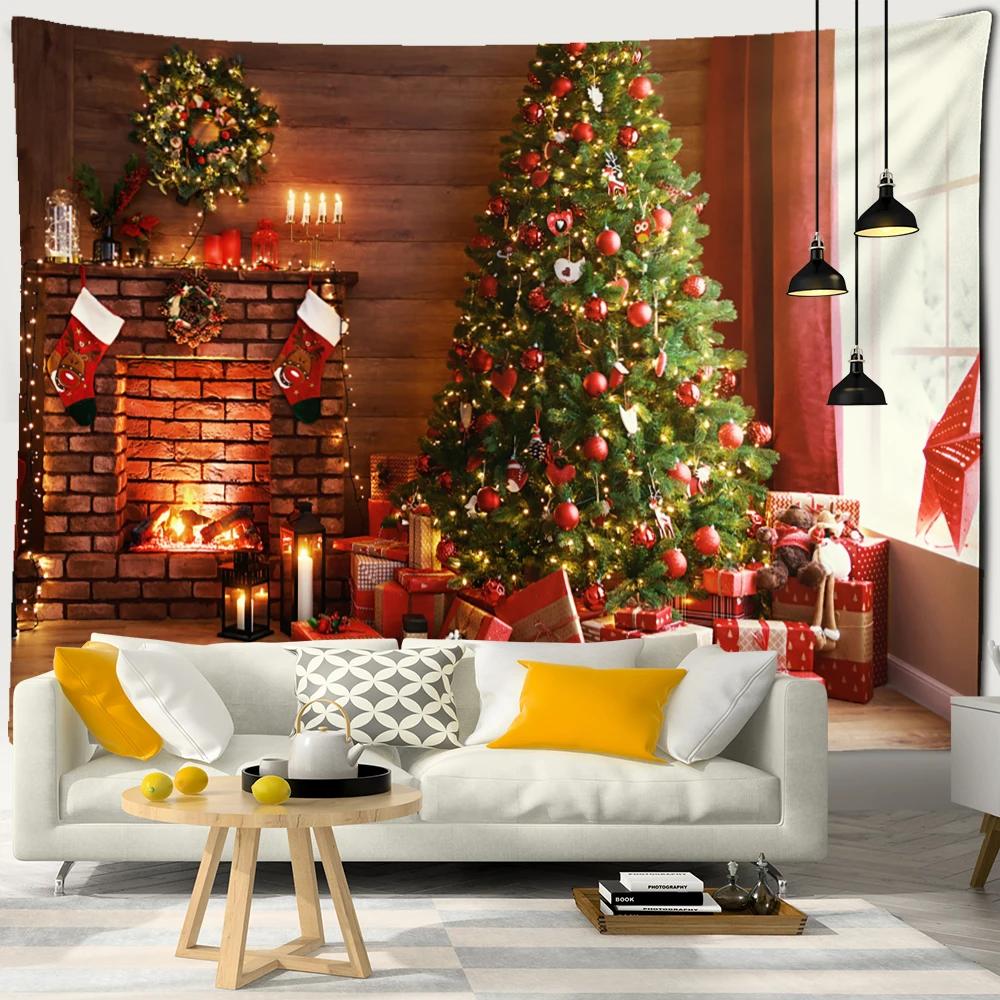 Neon Fireplace Tapestry Wall Hanging Christmas Tree Gift Socks New Year Atmosphere Background Cloth Witchcraft Home Decor