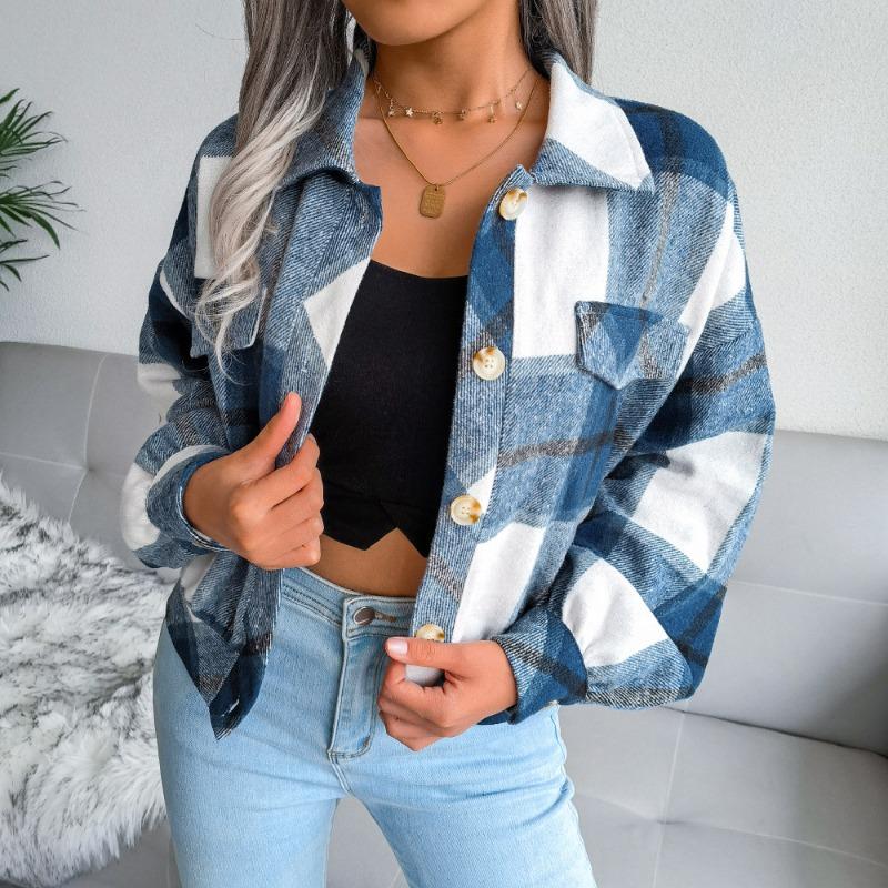 Short lapel fake pocket blue plaid lantern long-sleeved woolen jacket, spring and autumn fashion street women's trend jacket