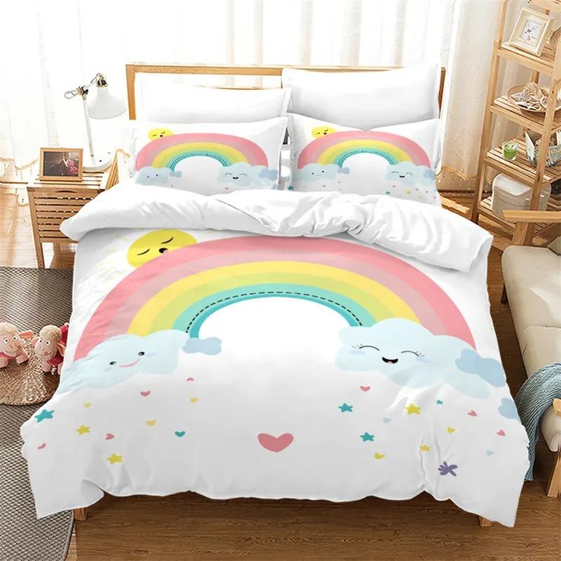 Rainbow Duvet Cover Twin Queen Kawaii Clouds Star Dream Castle Print Comforter Cover Microfiber Cartoon Bedding Set For Boy Girl