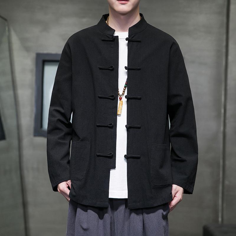 Chinese Style Men's Cotton Linen Shirt Long Sleeve Stand Collar Tang Suit Coat Button Up Traditional Chinese Fashion Autumn Wear