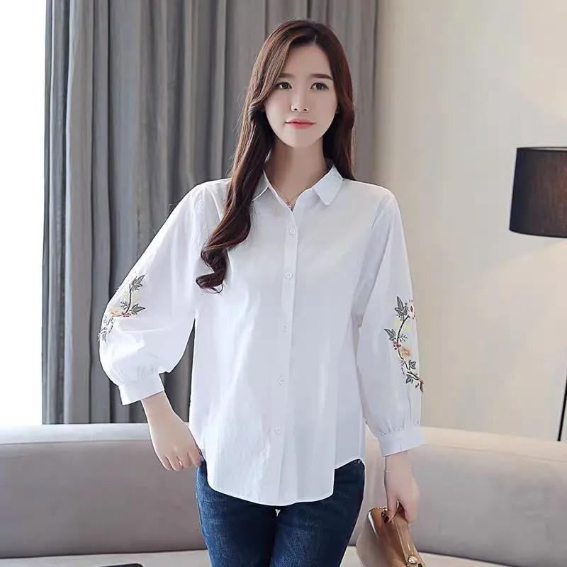 

Женская весенняя свободная тонкая рубашка в этническом стиле с рукавом девять минут, вышитая солнцезащитная повседневная рубашка 2XL белый