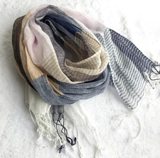 Spring And Summer New Linen Plaid Scarf Long Beach Outdoor Tourism Sunscreen Shawl Women Linen Scarf  And Retail