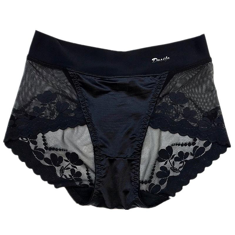 Women Luxury Satin Panties Tummly Control Summer Sexy Lace Briefs High Waist Plus Size Cotton Crotch Breathable Underpants Lingerie Underwear
