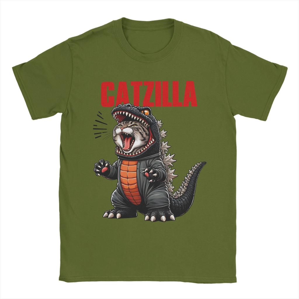 Men Catzilla Funny Cat Monster T Shirts Pure Cotton Clothes Creative Short Sleeve Round Neck Tees Printed T-Shirt