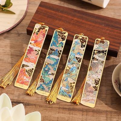 Retro Chinese Landscape Brass Bookmark Hollow-out Mountains Scene Boor Tak with Silk Tassel Antique Gift for Book Lovers