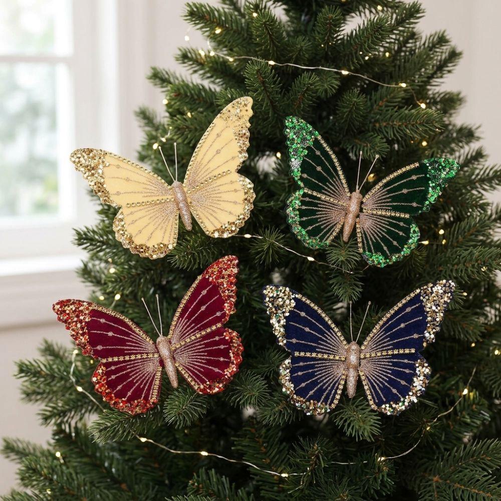 Clip-On Velvet Christmas Butterfly Ornament Artificial Butterfly Hanging Decor Wedding Decor