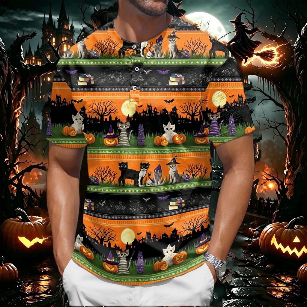Men's Halloween Short Sleeve Henley Shirt Pumpkin and Bat Print Casual Lightweight Breathable Top for Seasonal Wear