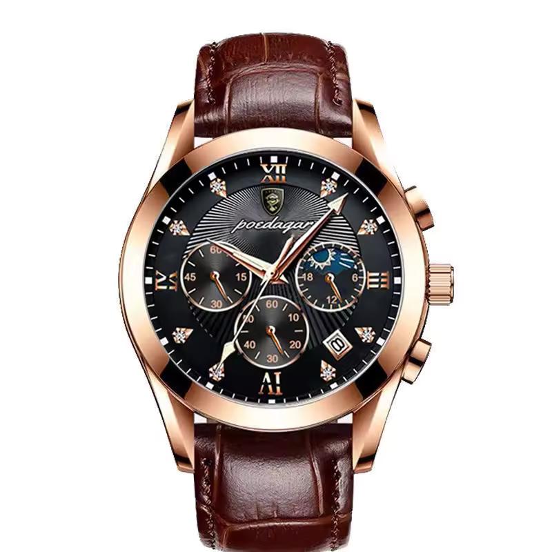 

POEDAGAR Men Watches Top Brand Luxury Waterproof Luminous Leather Quartz Wristwatch Business Sport L рожевий колір золота/чорний
