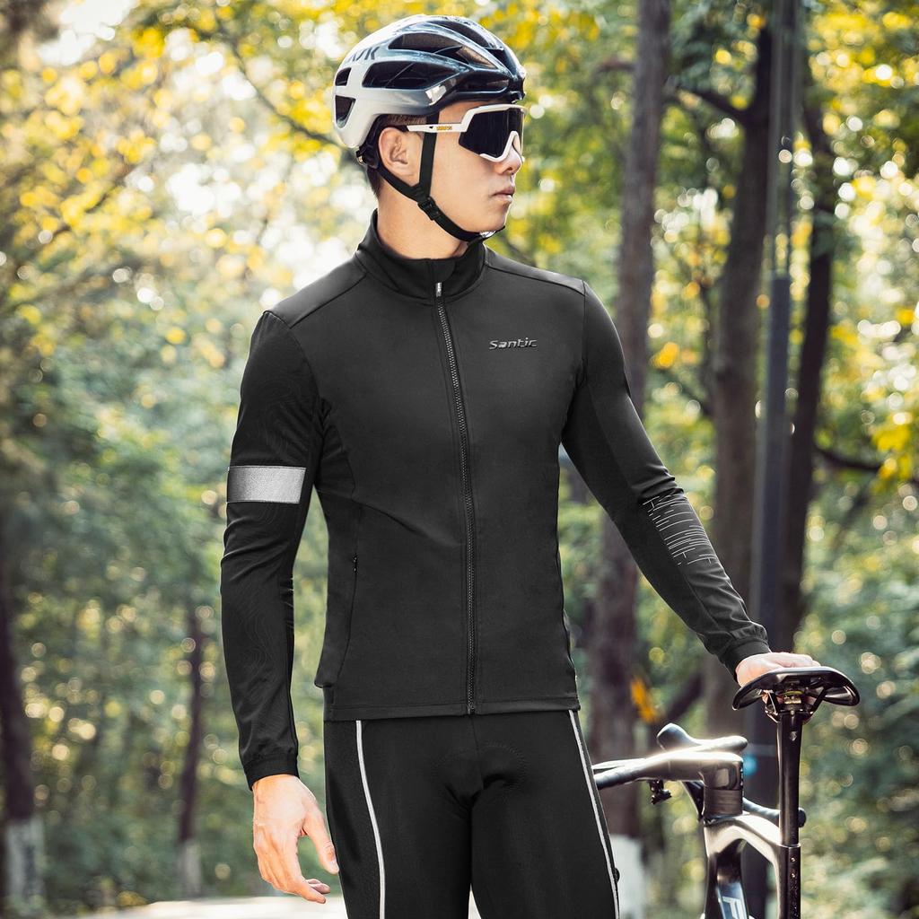 Santic Men's Winter Cycling Jersey, Windbreaker Jacket, 8-16°C, Fleece-Lined, Windproof, and Cold-Resistant, Size 2XL