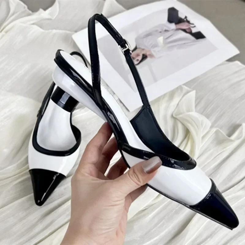 Designer Schwarz Weiß Farbe Niedrige Absatz Sandalen Damen Sexy Spitze Zehen Riemchen Keilabsatz Hohe Absätze Damen Elegante Absätze