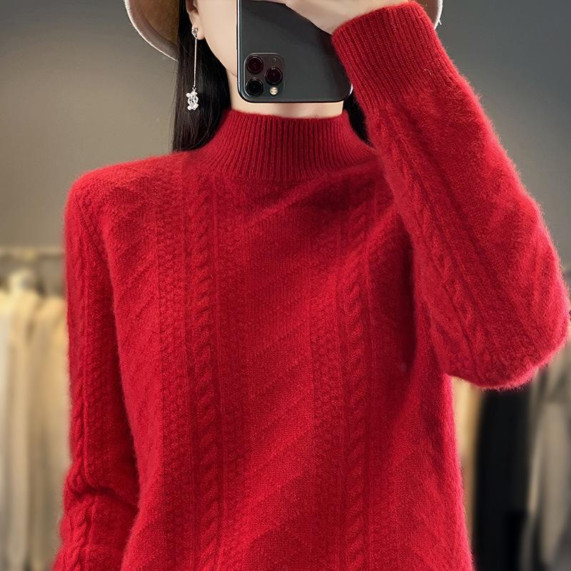 

Autumn and winter new thickened jacquard semi-turtleneck long-sleeved women s top knitted sweater loose and thin jacket inside and outside S