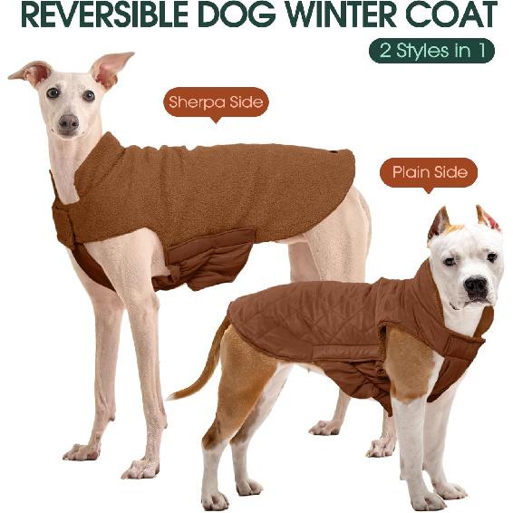 Kuoser Reversible Dog Coat – Warm Fleece & Quilted Waterproof Dog Jacket, Double-Sided Cold Weather Dogs Winter Coat with Harness Hole, Windproof