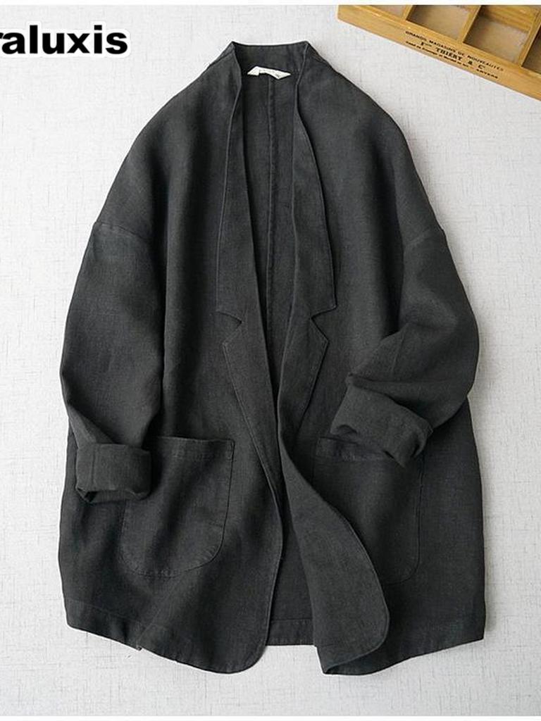 Oversized Women's Fashion Casual Blazer Jacket Pure Desire Cotton Linen Outerwear Long Sleeve Top for Women