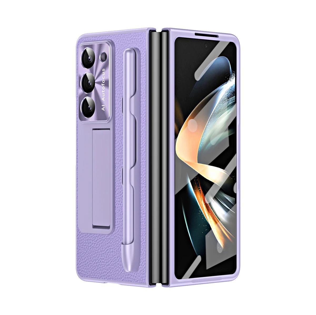 

Чохол для телефону Samsung Galaxy Z Fold 7 6 5 4 3 з покриттям з лічі PU шкіри, скляною фронтальною плівкою та тримачем для ручки, захисна кришка для шарніра Galaxy Z Fold5 золотий