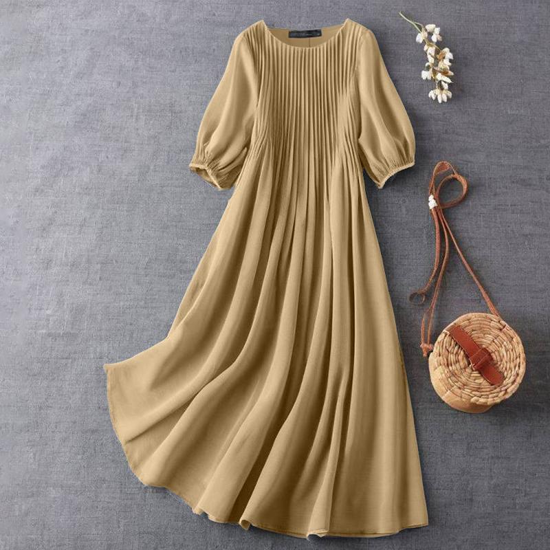 ZANZEA Women Casual Round Neck Summer 3/4 Sleeve Loose Dress