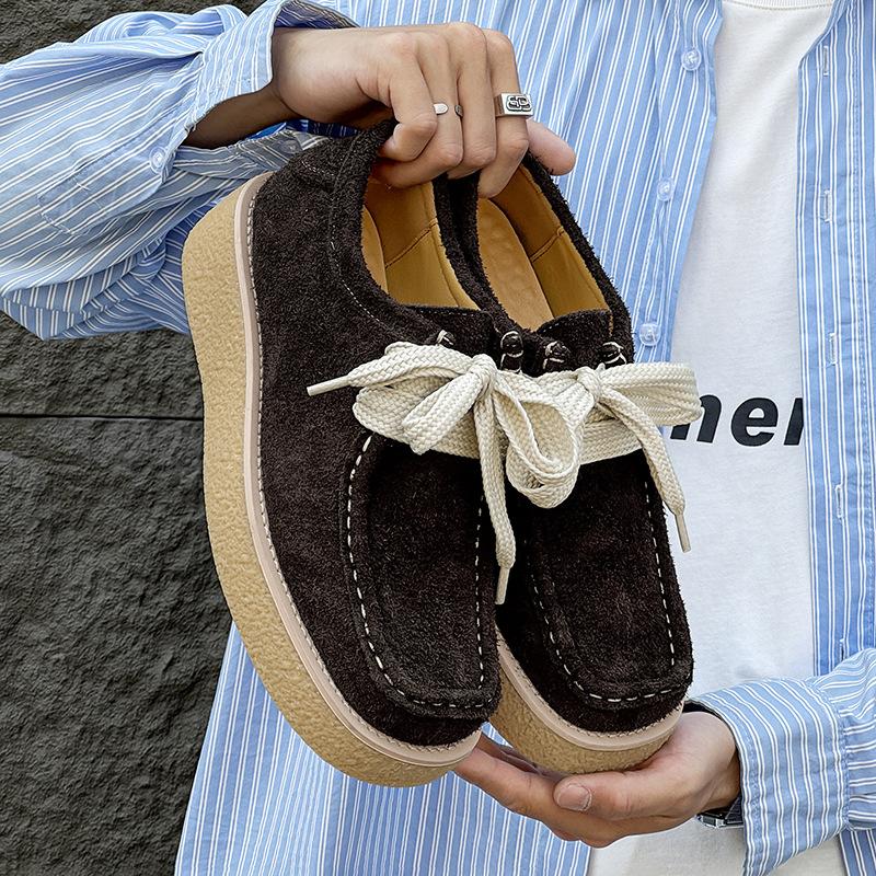 

French trendy versatile commuter kangaroo retro thick baseplate shoes men s and women s British square head leather shoes 8706 gray -W 46