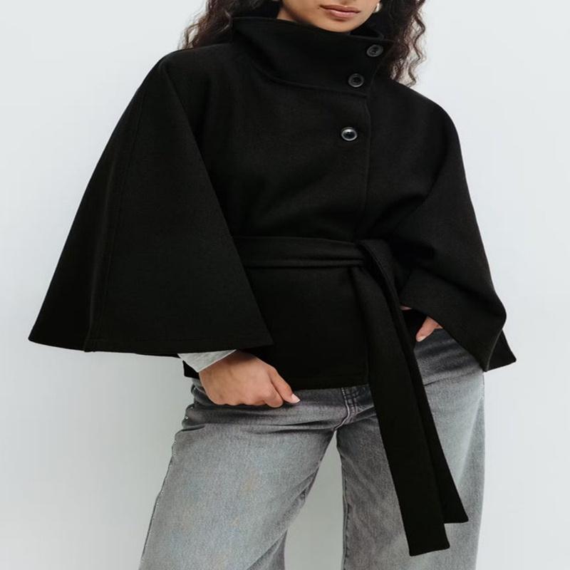 Fashionable Pure Color Women's Autumn Winter Coat Stand Collar Button Belted Cloak Elegant Commute Style Long Sleeve Polyester