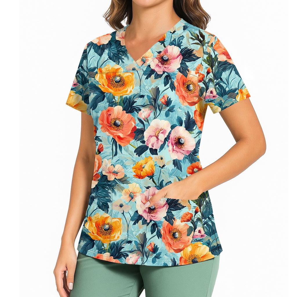 Kvinners avslappet trykket V-hals lomme sideslisse kortarmet topp kortarmet topp