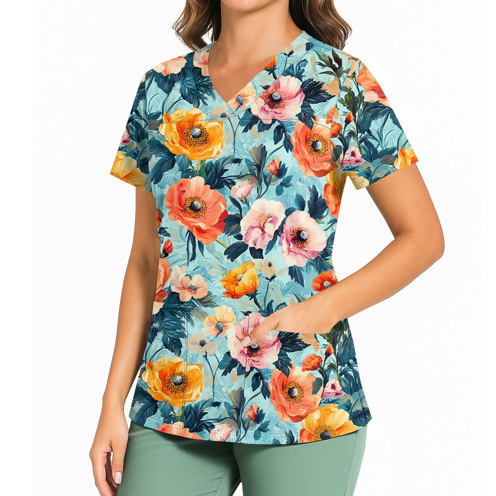 

Женский повседневный топ с принтом, V-образным вырезом, карманом, боковым разрезом и короткими рукавами XXXL синий