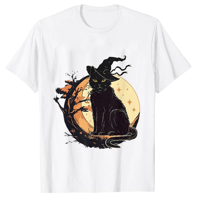 Unisexs Spooky Cat Print Tee Shirts Casual Female Halloween Black Cat T Shirt New Fashion Design Streetwear Unisex Tshirt Top