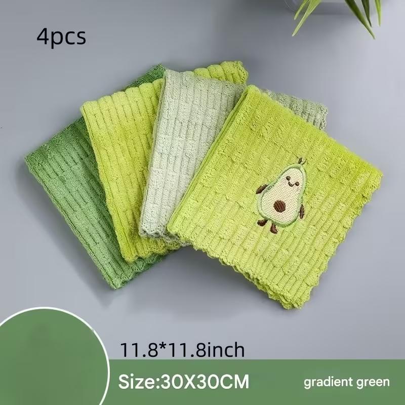 4pcs Avocado Embroidered Dish Cloths Multi-Functional Towels Thickened Kitchen Towels Soft Bathroom Hand Towels Cleaning Cloths