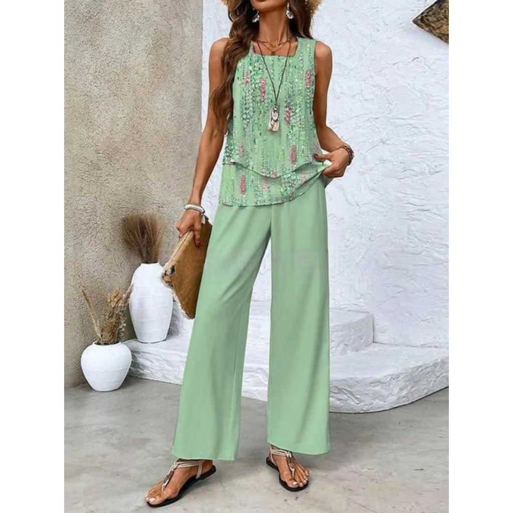 Vestă fără mâneci cu gât pătrat, cu strat dublu, cu imprimeu cu dungi texturate de plante în stil nou, pantaloni drepți, costum vestă lejer și confortabil