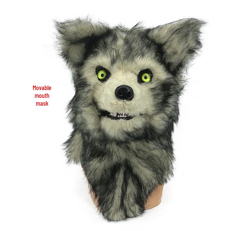 Halloween Big Bad Wolf Movable Mouth Mask - White Fur Fox & Black Bull Design for Parties