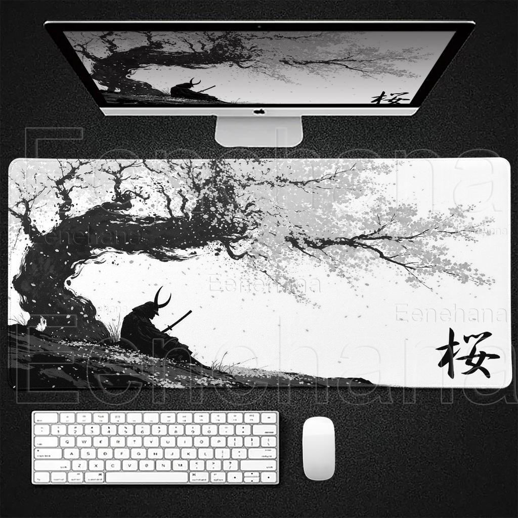 Samurai Anime Mauspads Sakura Landschaft Schreibtischunterlage Schwarz Weiß Gamer Tastatur Großes Mauspads PC Zubehör Gaming Laptop Teppich