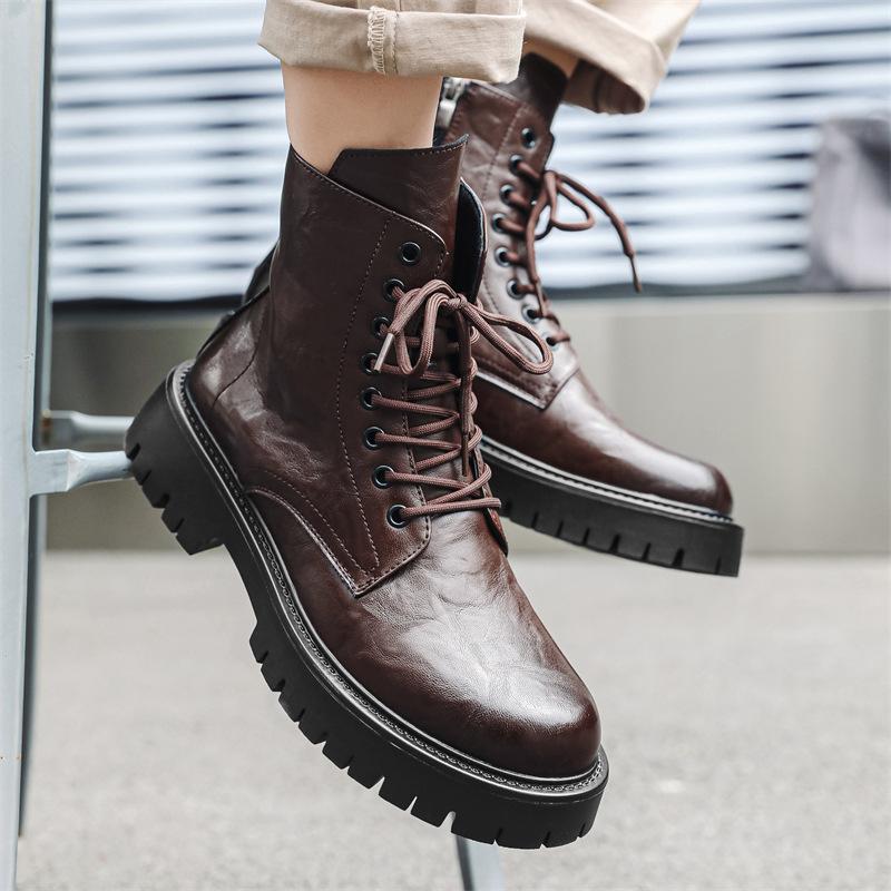 British Style Men Casual Party Nightclub Platform Boots Black Brown Genuine Leather Shoes Cowboy Autumn Winter Boot High Botas